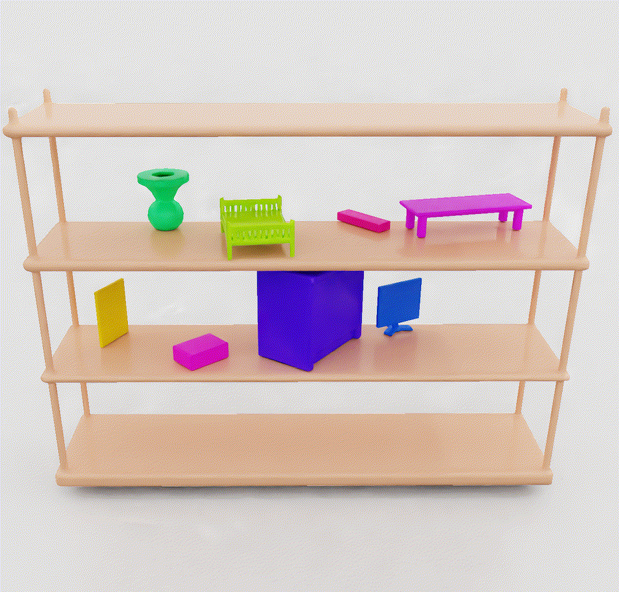 synthetic dataset of shelves, cubbies, drawers, tabletop, etc.